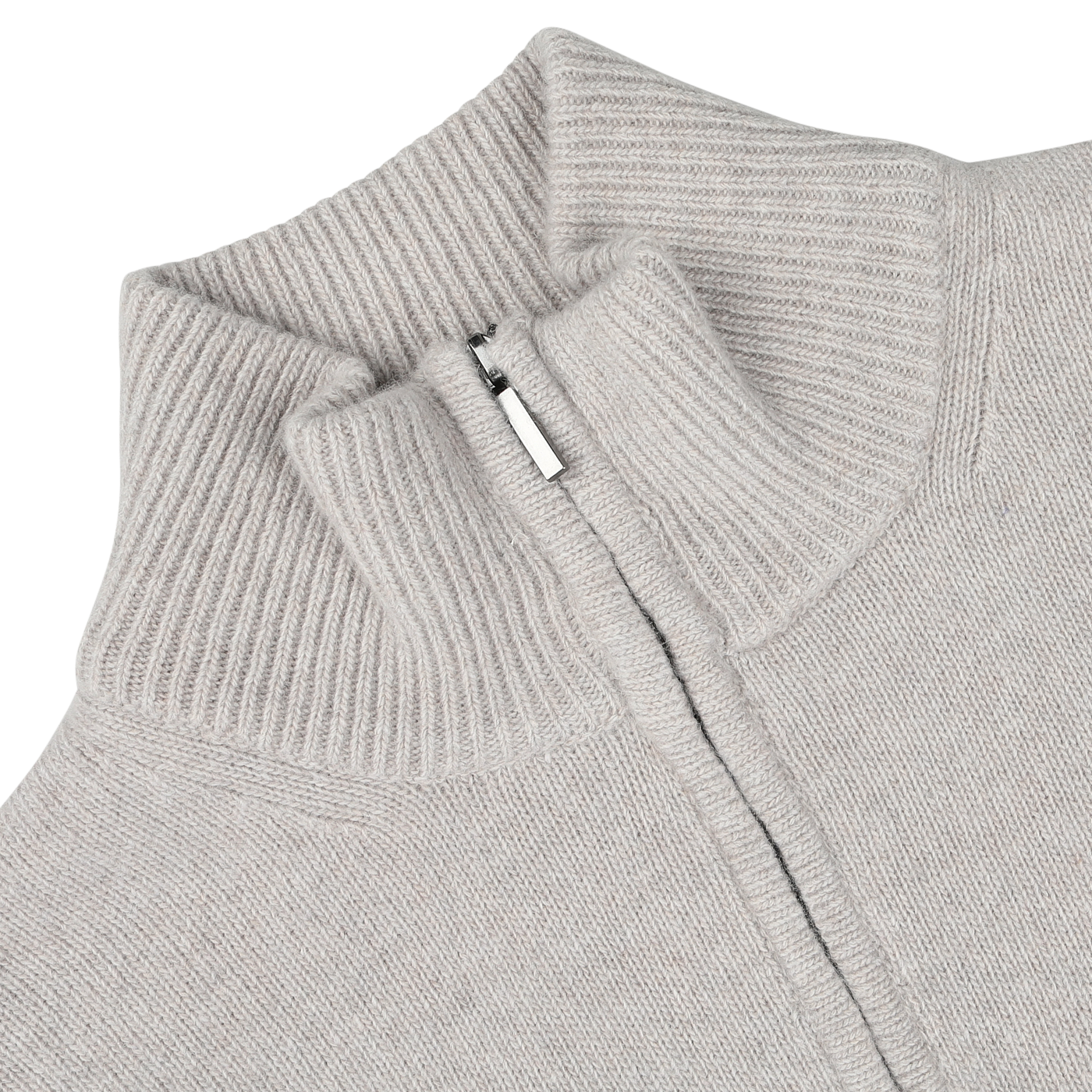 Close-up of the Taupe Beige Wool Cashmere Quarter Zip by Morgano, an Italian knitwear specialist, featuring a high collar and crafted from sumptuous merino wool and cashmere.