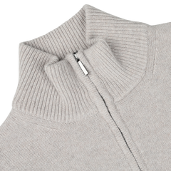 Close-up of the Taupe Beige Wool Cashmere Quarter Zip by Morgano, an Italian knitwear specialist, featuring a high collar and crafted from sumptuous merino wool and cashmere.