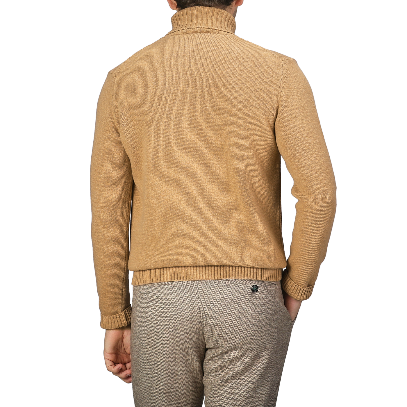 A person wearing a Morgano Camel Beige Heavy Wool Cashmere Rollneck and gray pants, shown from the back against a plain background.