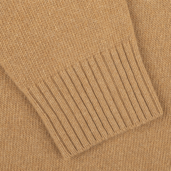 Close-up of a sleeve from the Camel Beige Heavy Wool Cashmere Rollneck by Morgano.