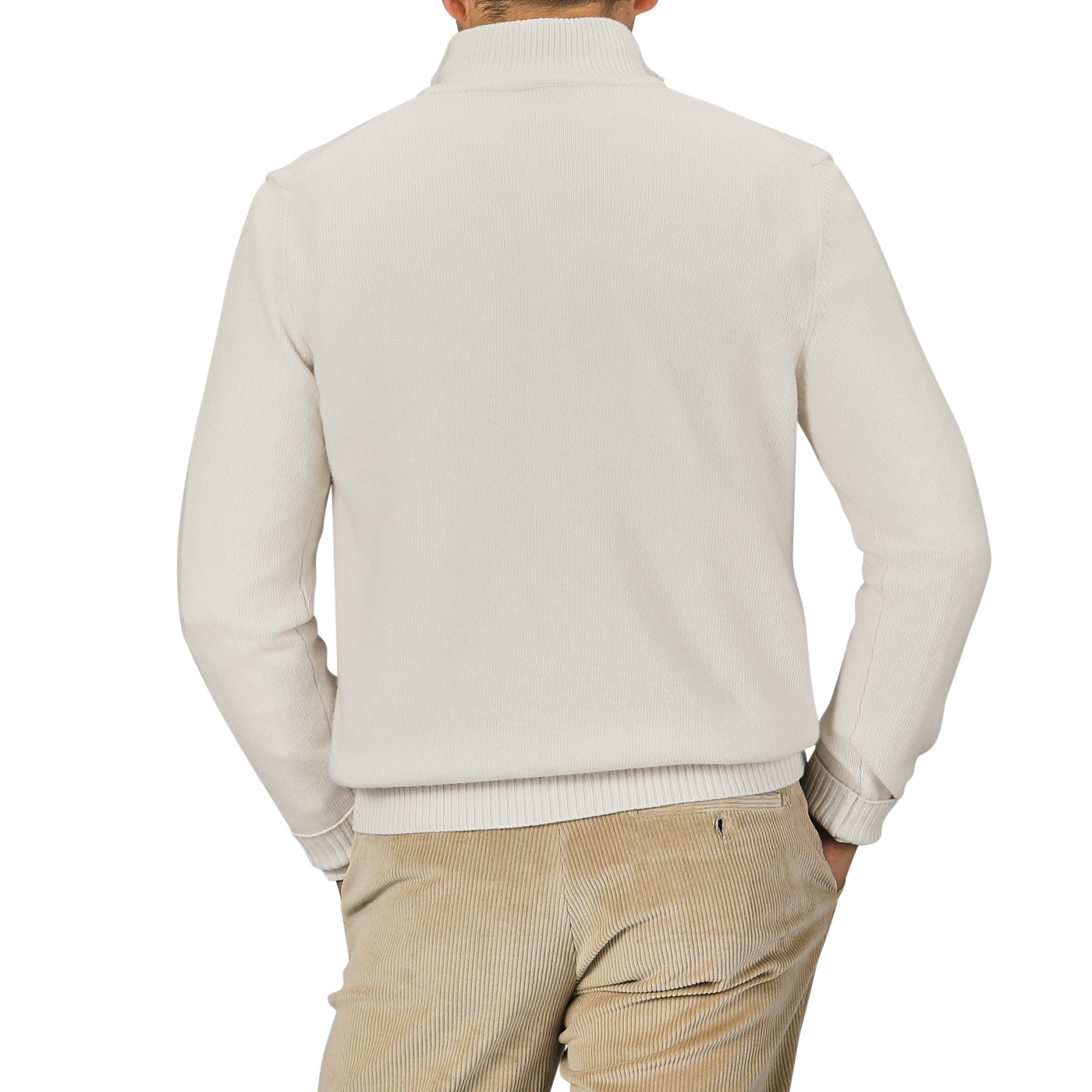 A person is shown from the back wearing a Morgano Cream Wool Cashmere Quarter Zip and beige pants against a neutral background.