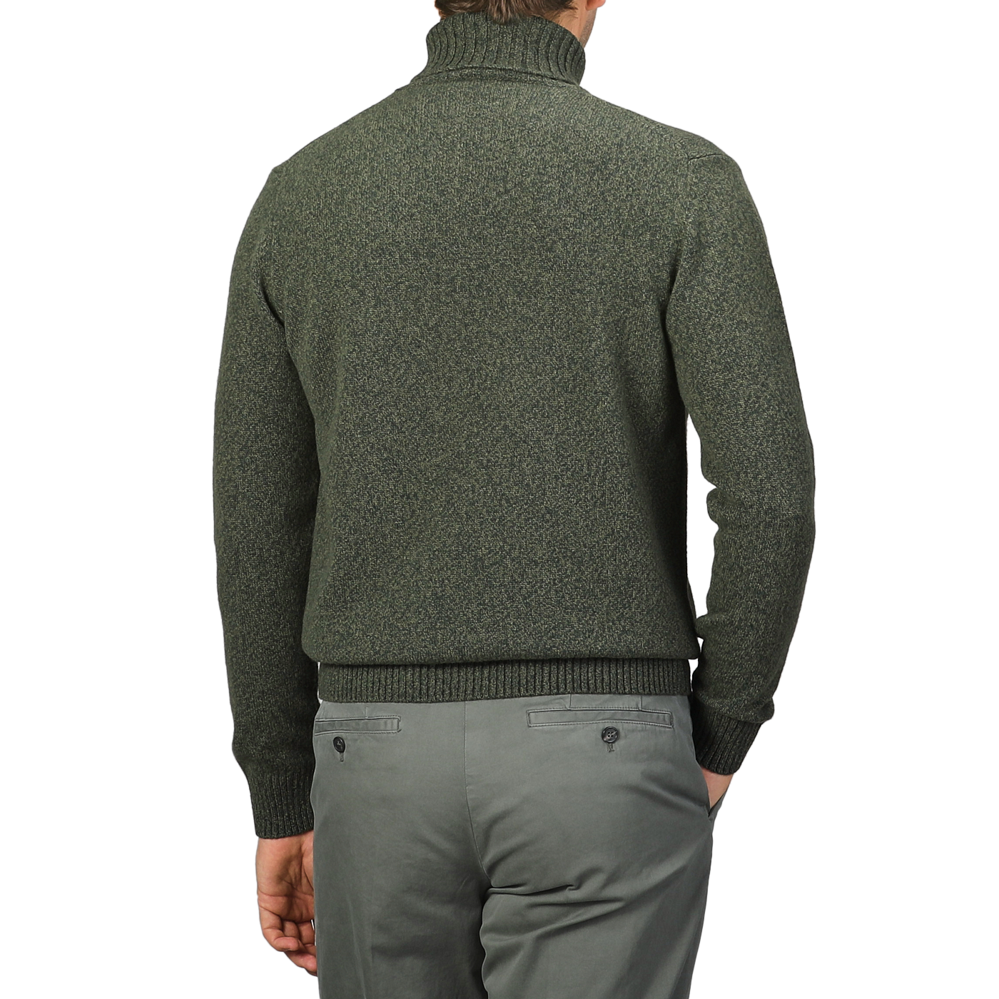 A person wearing a Green Melange Heavy Wool Cashmere Rollneck by Morgano and gray pants is shown from behind, against a plain background.