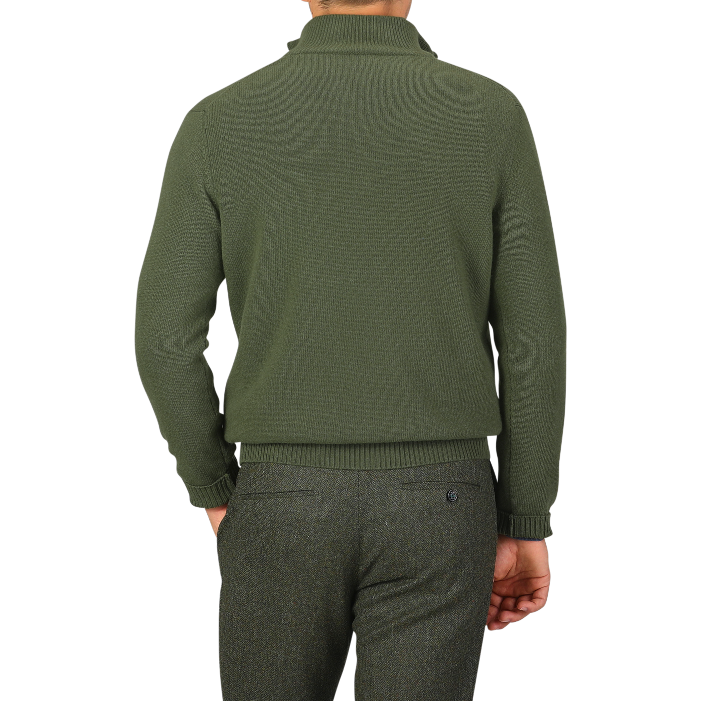 Rear view of a person wearing the Morgano Moss Green Wool Cashmere Quarter Zip and gray pants. The high-collared Italian knitwear drapes elegantly, with the person's hand resting by their side.