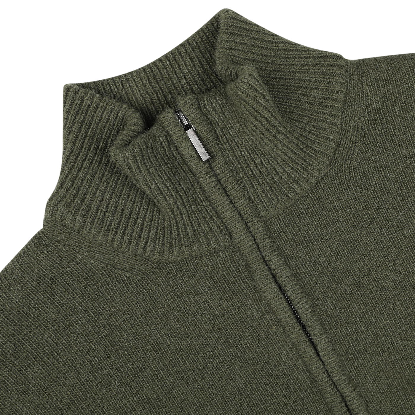 Close-up of the Moss Green Wool Cashmere Quarter Zip by Morgano, showcasing its ribbed knit material and metal zipper, epitomizing the quality expected from an Italian knitwear specialist.