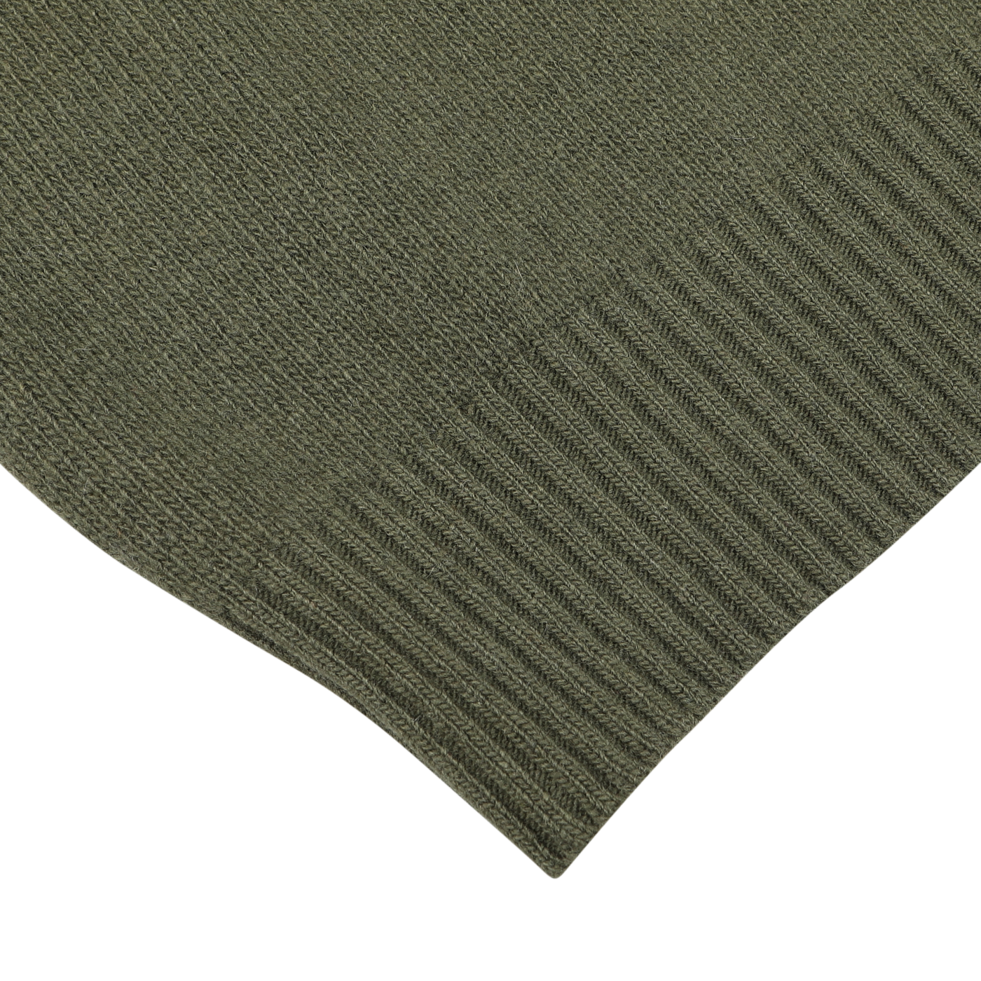 Close-up of the edge of a Moss Green Wool Cashmere Quarter Zip by Morgano, showcasing the detailed ribbed hem.