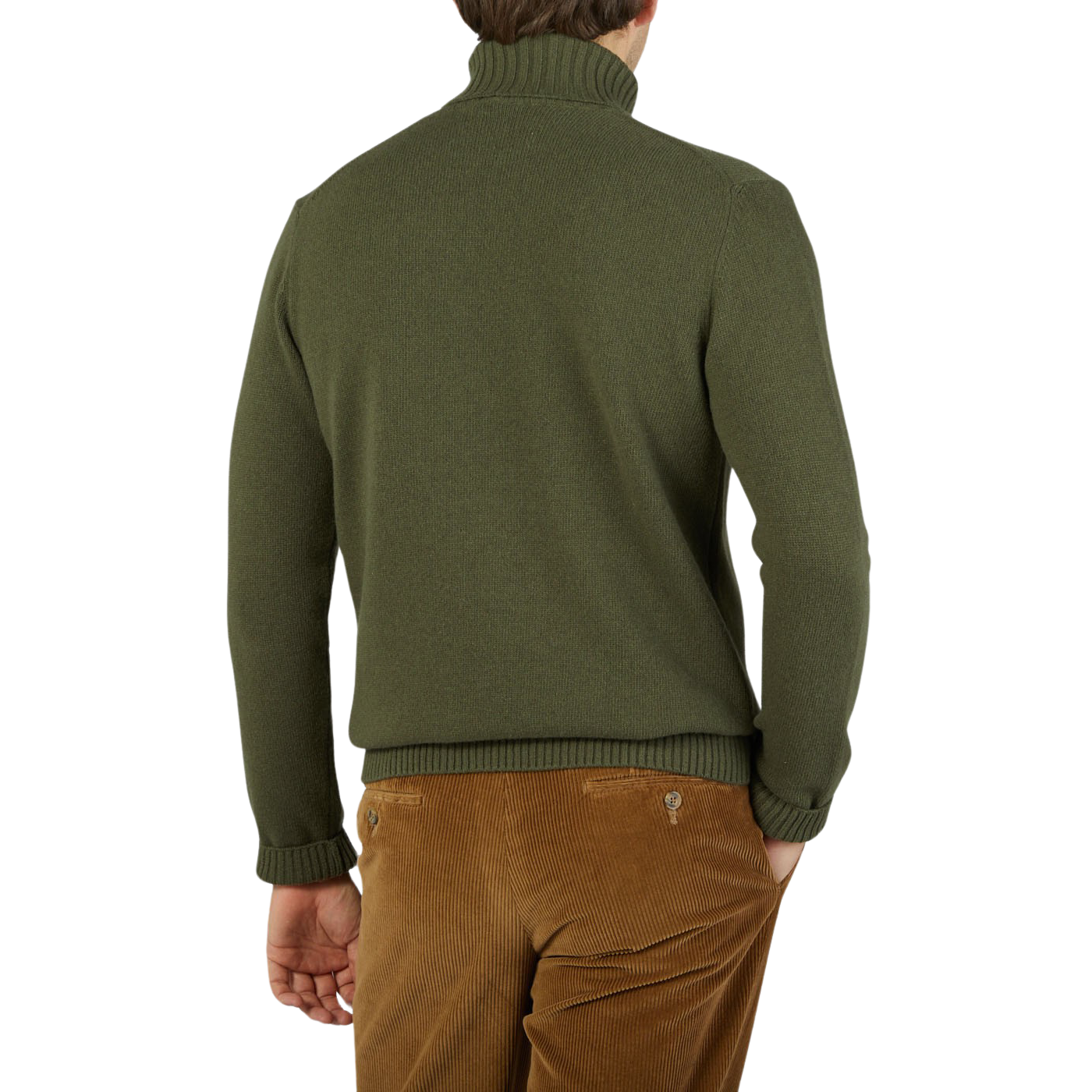 The back view of an Italian man wearing a Morgano Moss Green Heavy Wool Cashmere Rollneck.