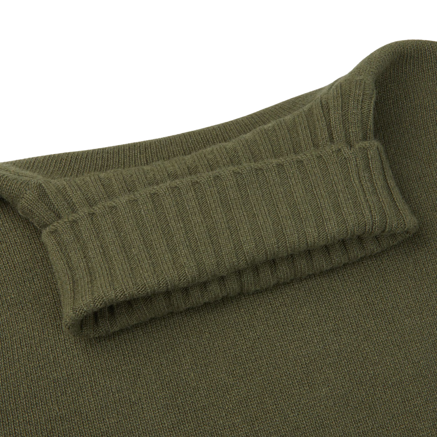 A close up of a Morgano Moss Green Heavy Wool Cashmere Rollneck sweater.