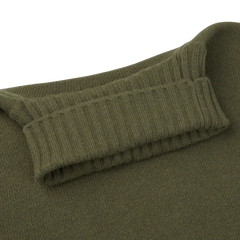 A close up of a Morgano Moss Green Heavy Wool Cashmere Rollneck sweater.