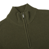 A Morgano Moss Green Wool Cashmere Quarter-Zip Sweater with a zipper on the front.