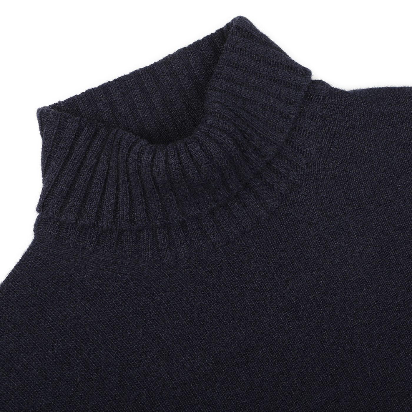 Close-up of the Morgano Navy Blue Heavy Wool Cashmere Rollneck, presented against a pristine white background, showcasing its luxurious fabric and ribbed collar.