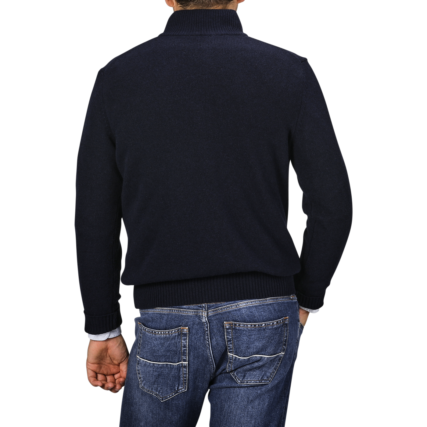 Back view of a person wearing a Morgano Navy Blue Wool Cashmere Quarter Zip and blue jeans, standing against a plain gray background.