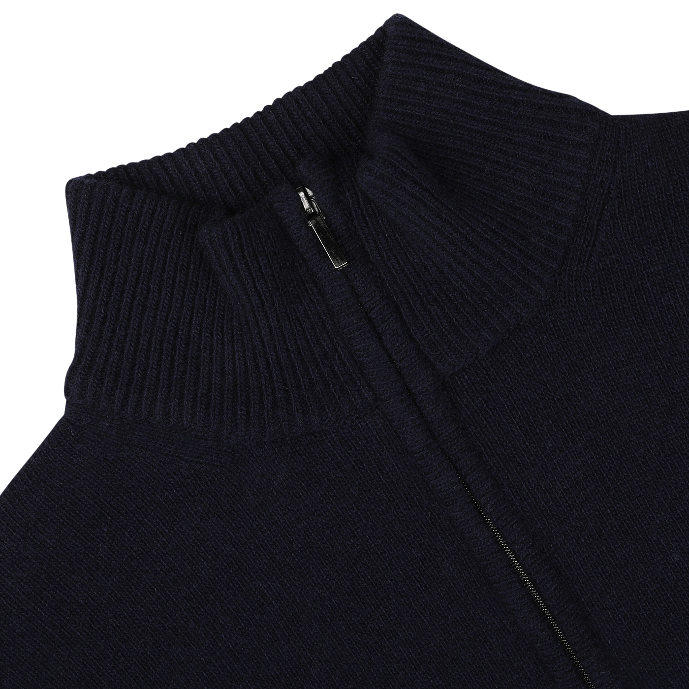 Close-up of the Navy Blue Wool Cashmere Quarter Zip by Morgano, showcasing a neatly folded top. The dark blue merino wool and cashmere blend ensures comfort and luxury, crafted meticulously by an Italian knitwear specialist.