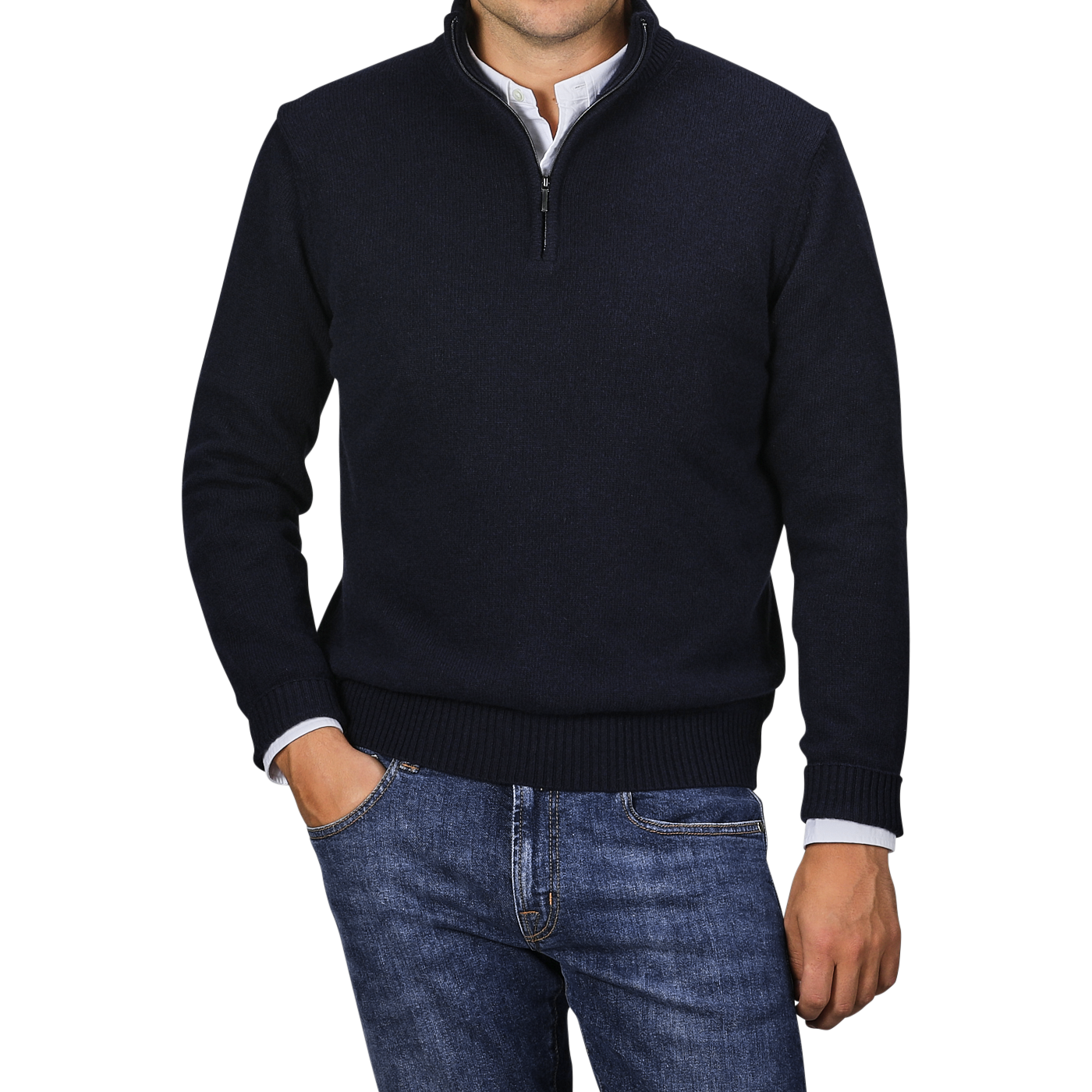 A person is wearing the Morgano Navy Blue Wool Cashmere Quarter Zip over a white collared shirt and blue jeans, standing with one hand in their pocket.