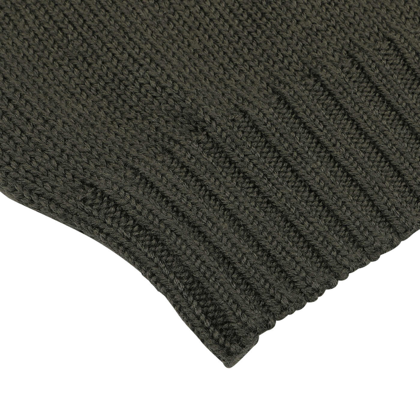 Close-up of a khaki green merino wool Garbis Sweater by Nitto, featuring a ribbed edge on a white background.