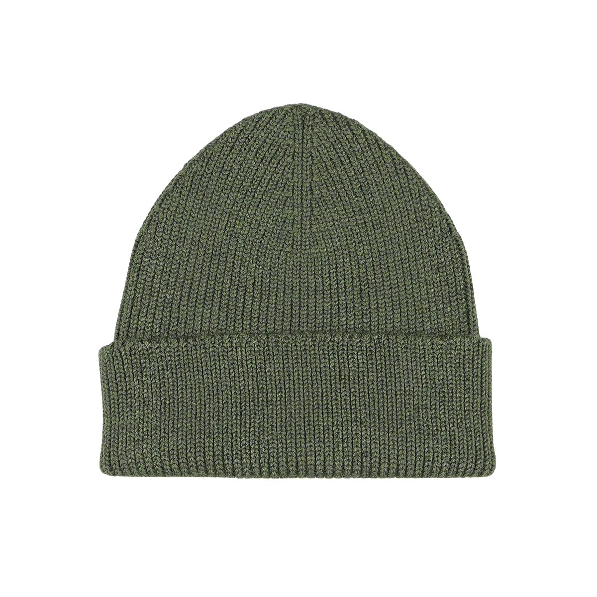 The Khaki Green Merino Wool Ara Beanie by Nitto is a soft merino wool knitted accessory featuring a stylish folded brim, displayed against a white background.