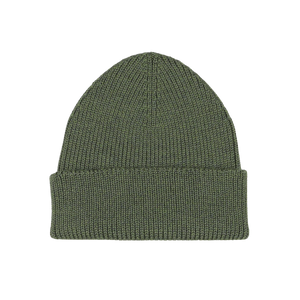 The Khaki Green Merino Wool Ara Beanie by Nitto is a soft merino wool knitted accessory featuring a stylish folded brim, displayed against a white background.