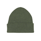 The Khaki Green Merino Wool Ara Beanie by Nitto is a soft merino wool knitted accessory featuring a stylish folded brim, displayed against a white background.