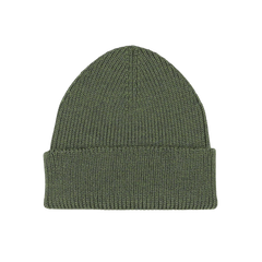 The Khaki Green Merino Wool Ara Beanie by Nitto is a soft merino wool knitted accessory featuring a stylish folded brim, displayed against a white background.