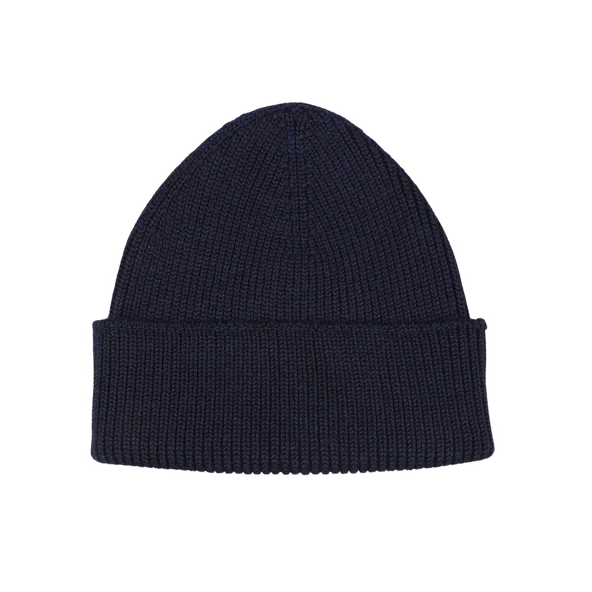 Close-up image of a Marine Blue Merino Wool Ara Beanie, crafted by Nitto.