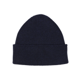 Close-up image of a Marine Blue Merino Wool Ara Beanie, crafted by Nitto.