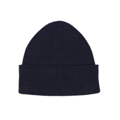 Close-up image of a Marine Blue Merino Wool Ara Beanie, crafted by Nitto.