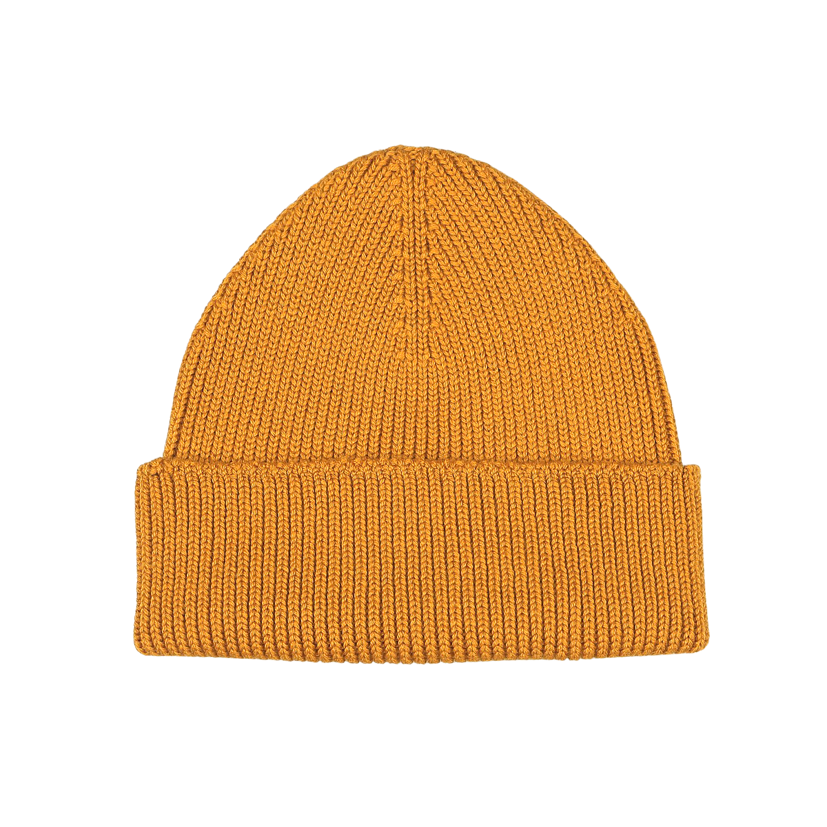 Introducing the Ocre Yellow Merino Wool Ara Beanie by Nitto: a mustard yellow knitted masterpiece with a folded brim, crafted by knitwear specialists. Made from luxurious merino wool, it promises both style and warmth.