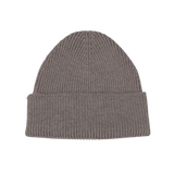 The Taupe Grey Merino Wool Ara Beanie by Nitto is a stylish knit accessory made from soft merino wool, featuring a folded brim and showcased against a plain white background.