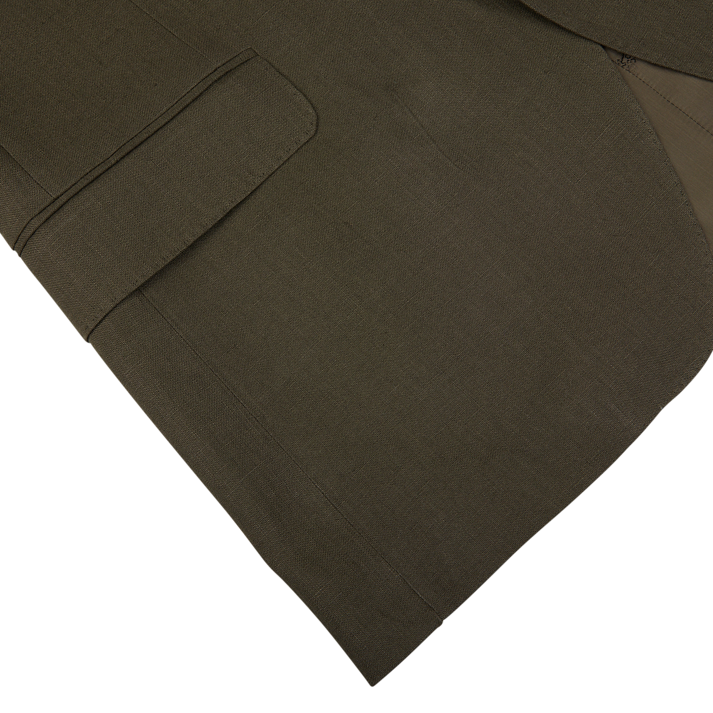 Close-up view of a Green Leaf Pure Linen Suit jacket by Oscar Jacobson with a focus on the fabric texture and pocket detail.