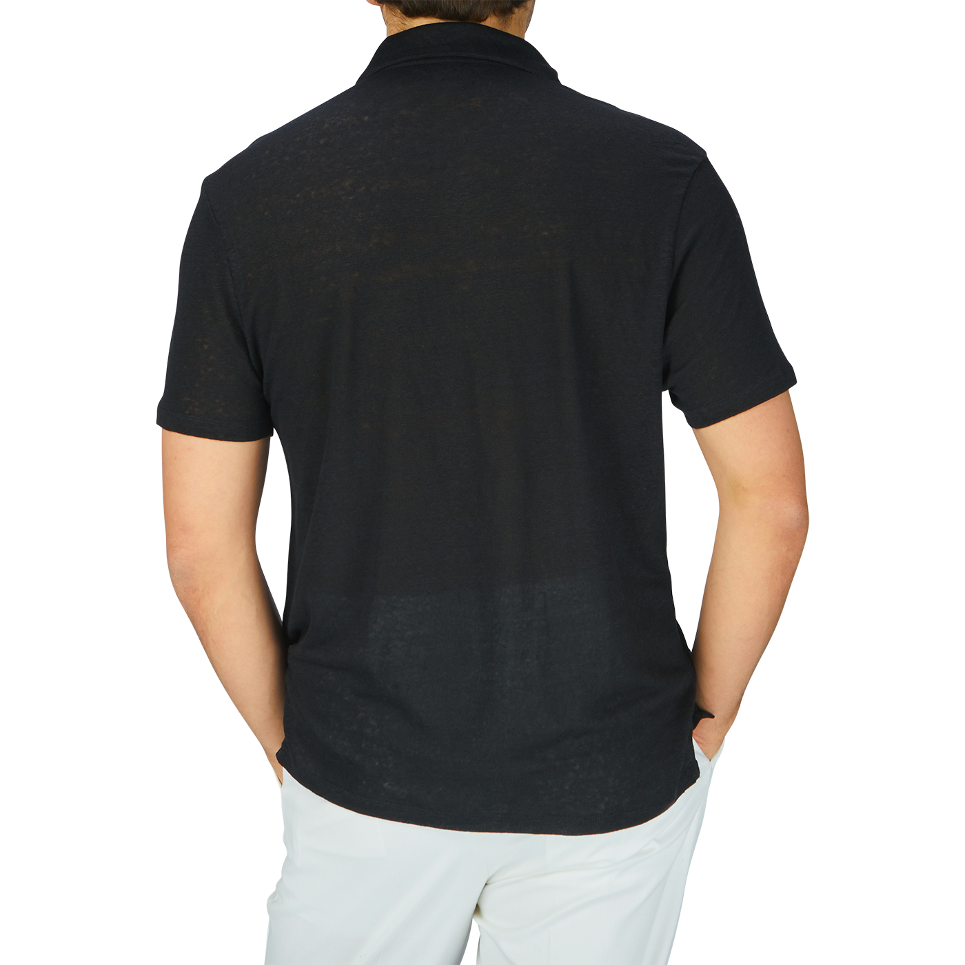 The man is wearing a Paige black linen Capri collar polo shirt, which is breathable and comfortable thanks to its linen fabric.