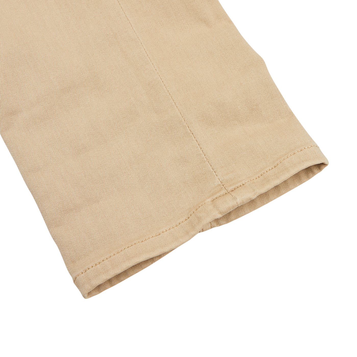 Close-up of a beige fabric sleeve with visible stitching on a white background, showcasing the comfortable fit and quality craftsmanship typical of Paige Caramel Beige Cotton Transcend Federal Slim Jeans.