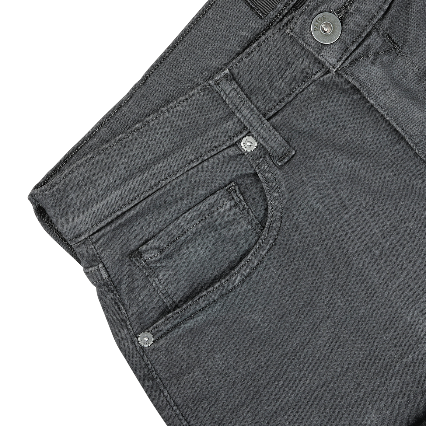 Close-up of the waistband and pockets of Paige's Charcoal Cotton Transcend Federal Slim Jeans, showcasing the stitching, button, and belt loops against a plain background. Experience the comfortable fit and durability with Transcend fabric.