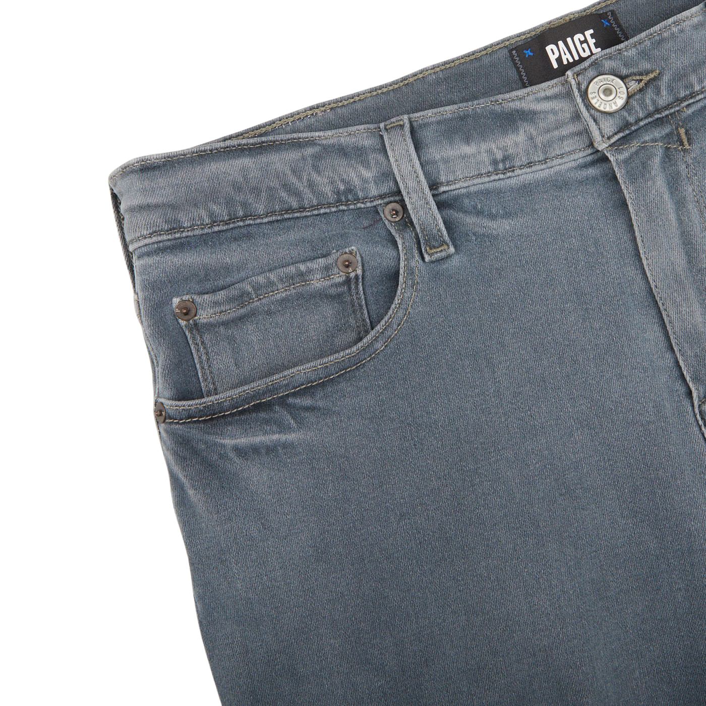 A close up of a pair of Paige Grey-Blue Cotton Stretch Lennox Jeans.