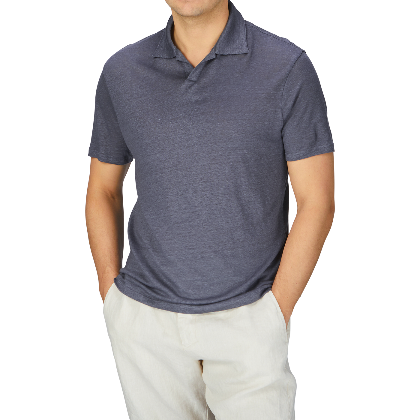 A man wearing a Paige Grey Blue Linen Capri Collar Polo Shirt and khaki pants.
