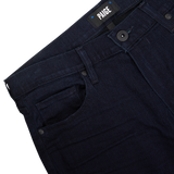 Paige Inkwell Blue Cotton Transcend Normandie jeans close-up displaying waistband and pockets.