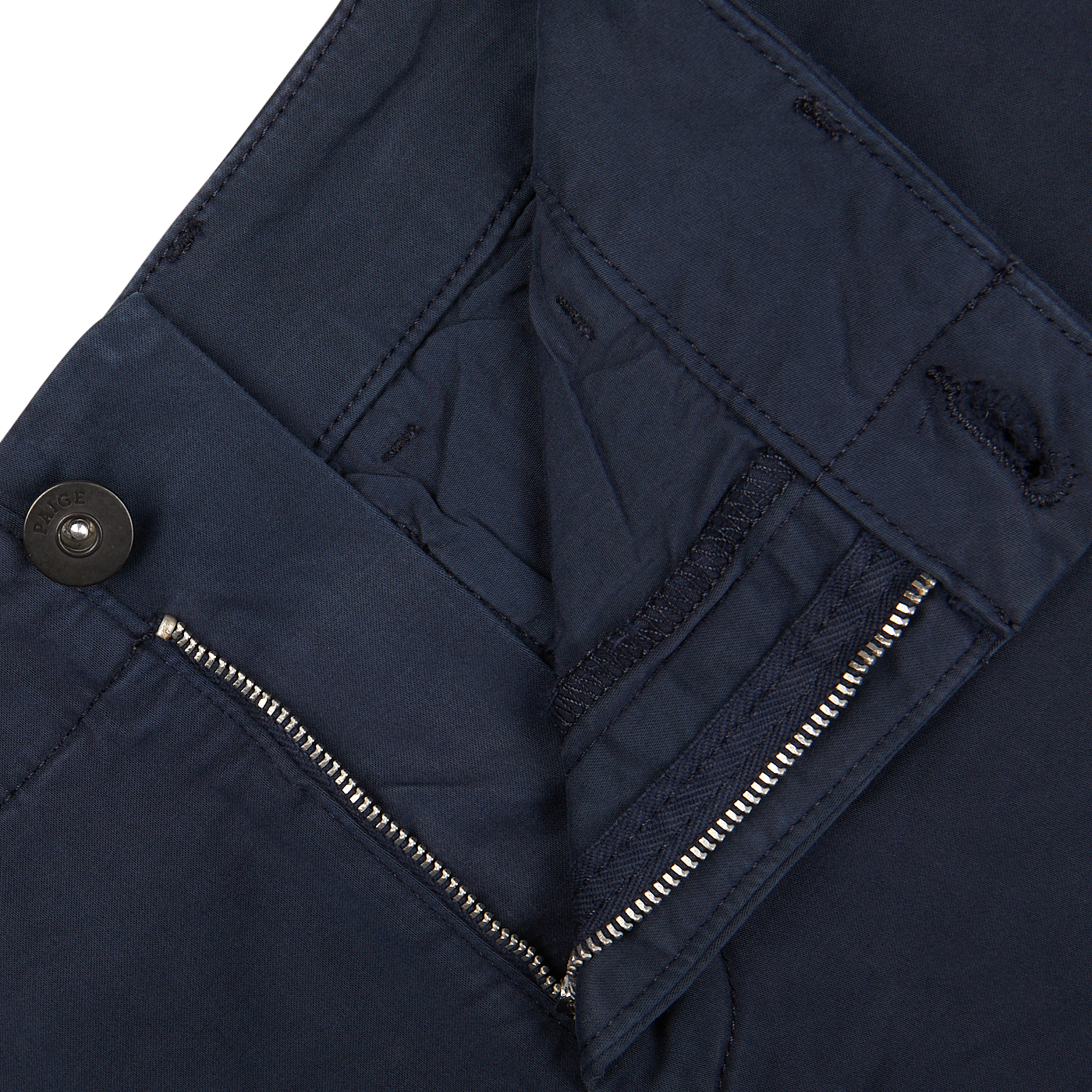 Close-up of Navy Blue Cotton Blend Paige Phillips Shorts with a zipper and button detail.