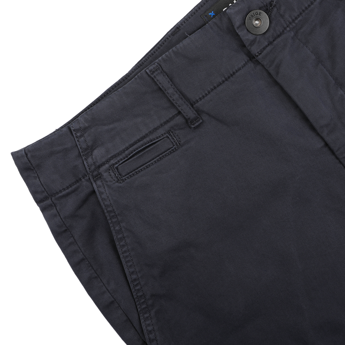 The Navy Blue Danford Cotton Chinos by Paige feature a button closure and belt loops, designed for a comfortable fit. Made from cotton stretch fabric, they provide ease of movement from the waist down.