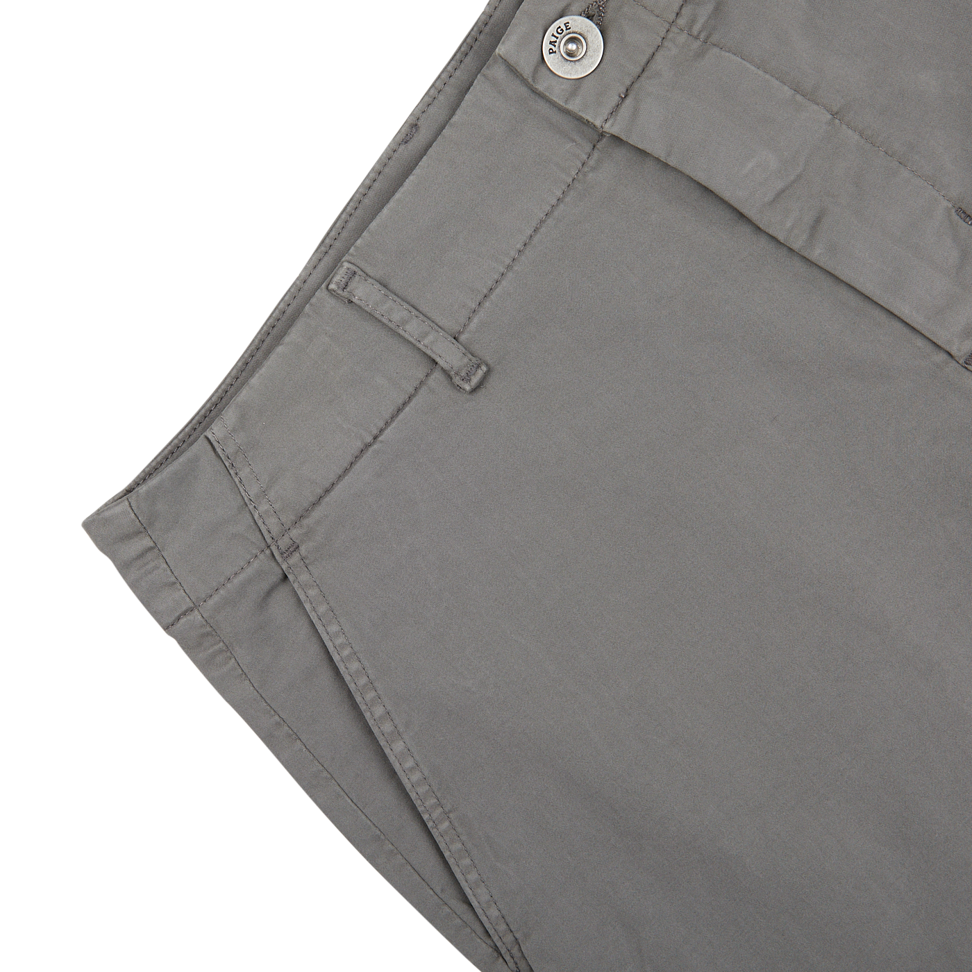 Close-up of a Slate Grey Cotton Blend Phillips Shorts pocket with a button on a white background.