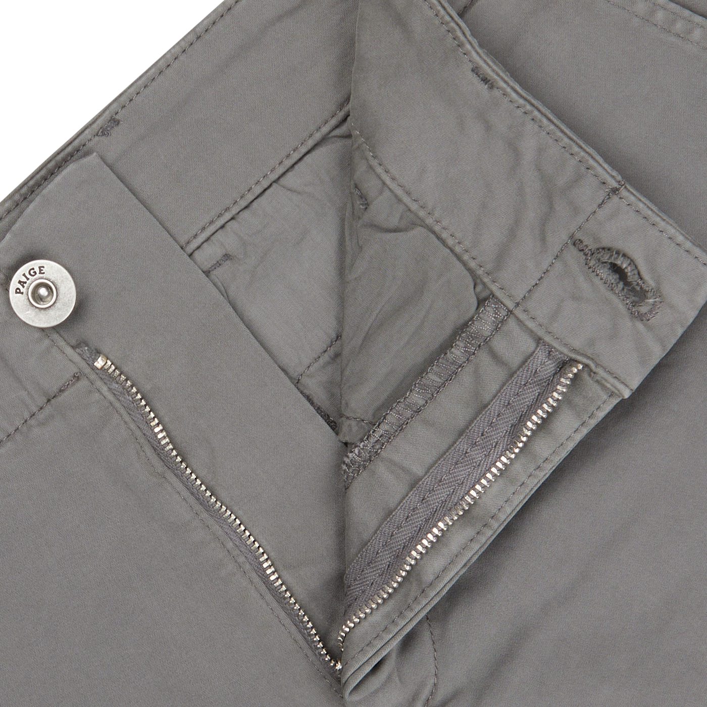 Close-up of a slate grey Paige Phillips jacket with a visible zipper pocket, stitched details, and a button closure, crafted from cotton blend.