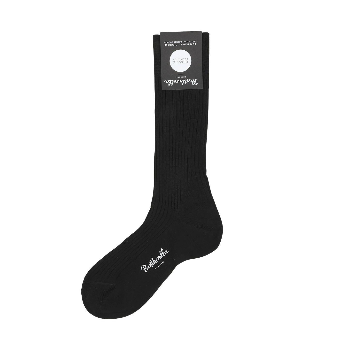 The Black Egyptian Cotton Lisle Danvers Ankle Socks from Pantherella boast a rib-knit texture and are made with premium cotton lisle yarn. The top is adorned with a label, and "Pantherella" is elegantly displayed in white near the toe area.