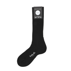 The Black Egyptian Cotton Lisle Danvers Ankle Socks from Pantherella boast a rib-knit texture and are made with premium cotton lisle yarn. The top is adorned with a label, and "Pantherella" is elegantly displayed in white near the toe area.