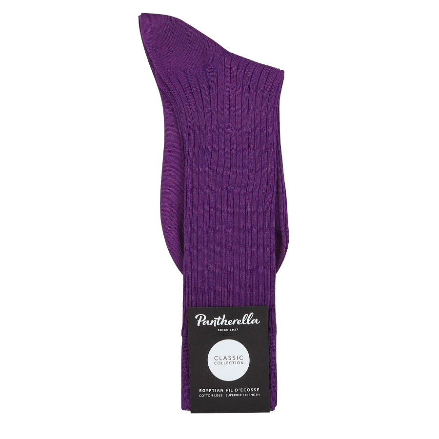 The Purple Egyptian Cotton Lisle Danvers Ankle Socks by Pantherella feature a refined rib knit design, crafted from luxurious Egyptian cotton lisle yarn, perfect for men's dress attire.