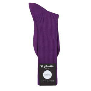 The Purple Egyptian Cotton Lisle Danvers Ankle Socks by Pantherella feature a refined rib knit design, crafted from luxurious Egyptian cotton lisle yarn, perfect for men's dress attire.