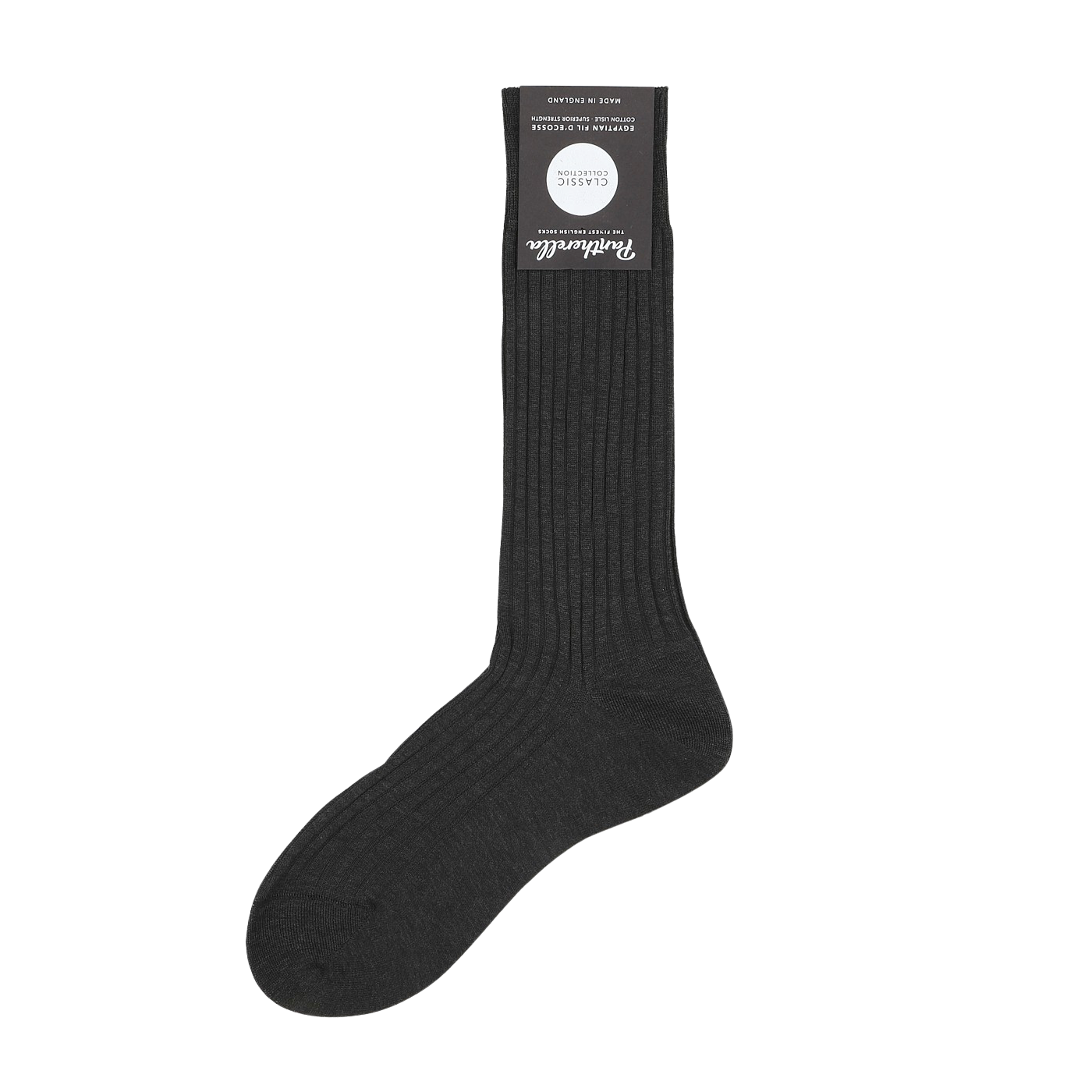 The Pantherella Charcoal Egyptian Cotton Isle Danvers Ankle Sock, displayed on a white background, is made from luxurious cotton lisle yarn. The men's dress sock features a label at the top, exuding sophistication and comfort in its refined charcoal grey hue.