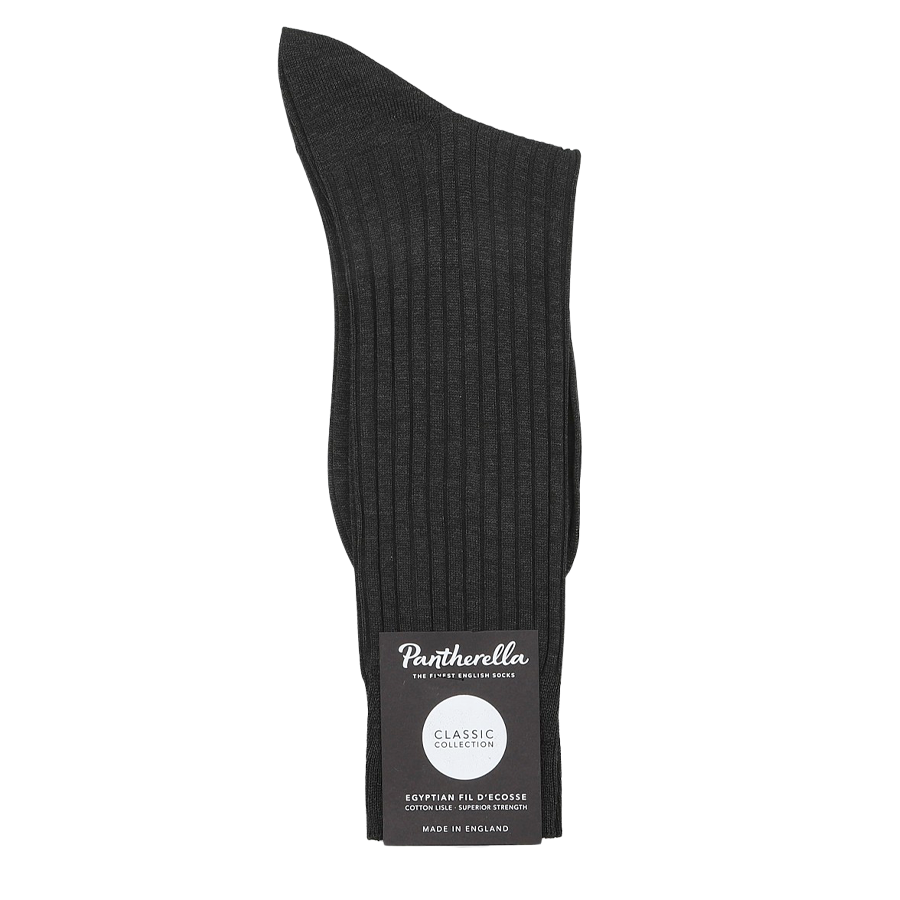 The Pantherella Charcoal Egyptian Cotton Isle Danvers Ankle Socks, crafted from luxurious cotton lisle yarn, bear the label "Classic Collection, Egyptian Fil d'Ecosse Cotton, 1144P Hartford, Made in England," perfect for discerning men's dress socks enthusiasts.