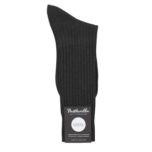 The Pantherella Charcoal Egyptian Cotton Isle Danvers Ankle Socks, crafted from luxurious cotton lisle yarn, bear the label "Classic Collection, Egyptian Fil d'Ecosse Cotton, 1144P Hartford, Made in England," perfect for discerning men's dress socks enthusiasts.