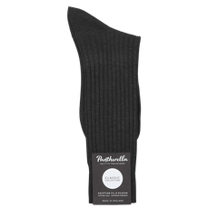 The Pantherella Charcoal Egyptian Cotton Isle Danvers Ankle Socks, crafted from luxurious cotton lisle yarn, bear the label "Classic Collection, Egyptian Fil d'Ecosse Cotton, 1144P Hartford, Made in England," perfect for discerning men's dress socks enthusiasts.