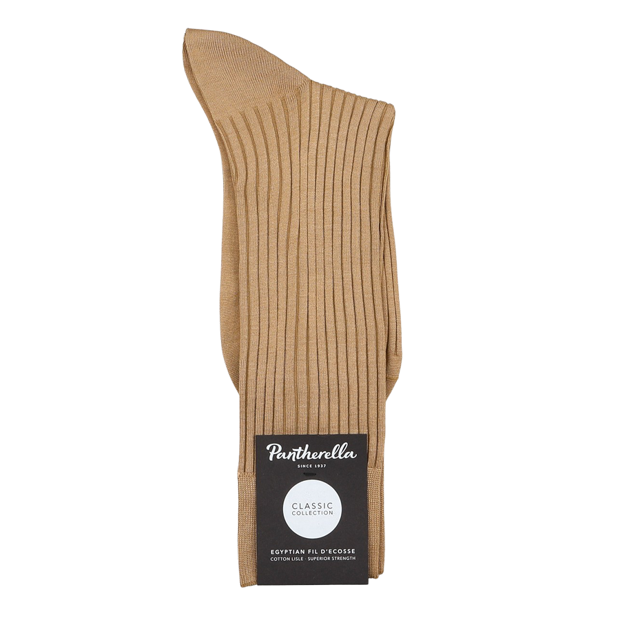 Light Khaki Egyptian Cotton Isle Danvers Ankle Socks from Pantherella, crafted with luxurious cotton lisle yarn, featuring a white and black label with product details.