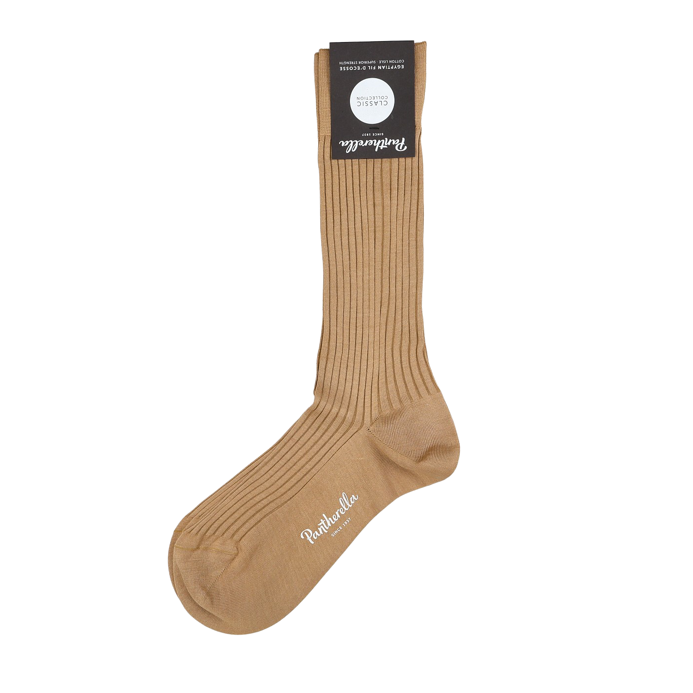 Pantherella's Danvers Ankle Sock in light khaki, made from Egyptian cotton lisle, bears the "Made in England" mark. Ideal for men's dress sock lovers, it is elegantly showcased against a white background.