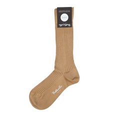 Pantherella's Danvers Ankle Sock in light khaki, made from Egyptian cotton lisle, bears the "Made in England" mark. Ideal for men's dress sock lovers, it is elegantly showcased against a white background.