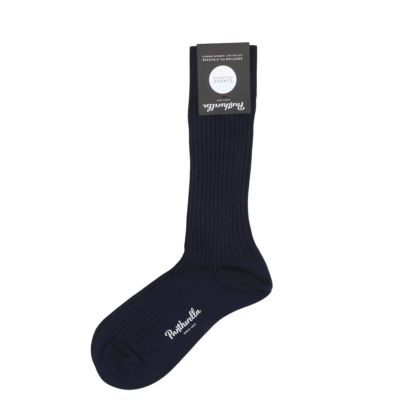 Crafted from fine Egyptian cotton lisle yarn, the Pantherella Navy Danvers Ankle Socks feature a ribbed texture and a black label with white text at the top.